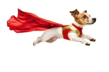 Adorable dog in a superhero costume flying with a red cape isolated on a white background.