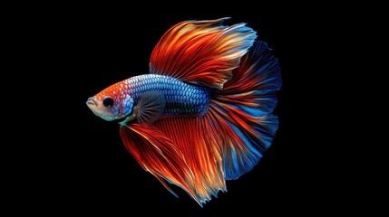 Fototapeta premium A vibrant, multi-colored Siamese fighting fish, Betta Splendens, isolated against a black background, showcasing its flowing