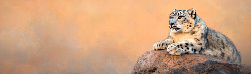 Fototapeta premium A majestic snow leopard resting on a rocky surface, showcasing its beautiful spotted fur against a warm, soft background.