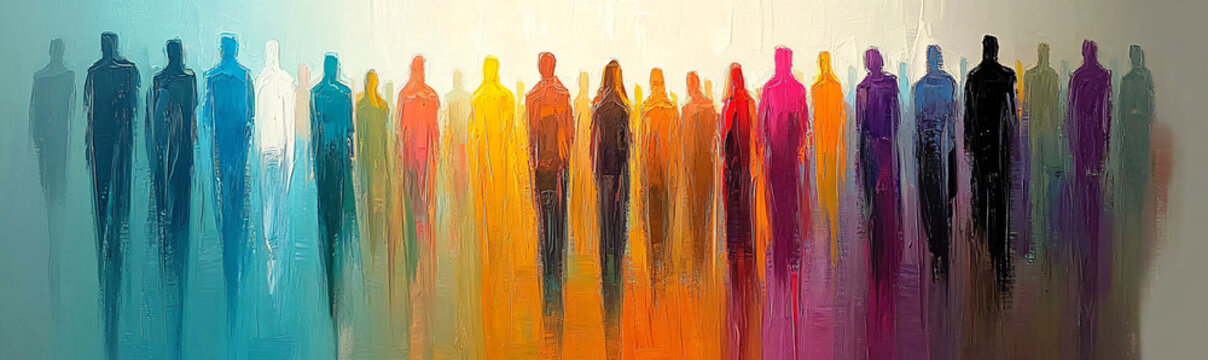 DEI: Abstract oil painting depicting a crowd of people cucoloris in the distance, standing side by side, in vibrant rainbow colors. focus on representation of different cultures, backgrounds, gender