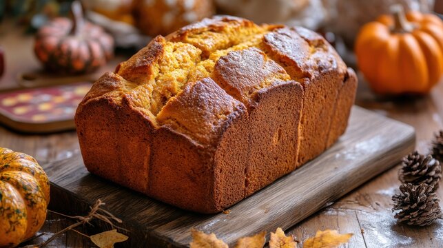 Freshly baked pumpkin bread loaf on a wooden board surrounded by autumn decor including pumpkins and pinecones.