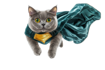 Adorable gray cat wearing a superhero costume with cape, flying in mid-air. Perfect for creative and fun themed designs.