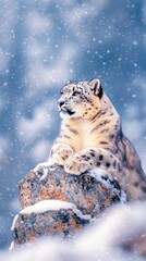 Fototapeta premium A majestic snow leopard rests on a rocky perch, surrounded by a serene snowfall, showcasing its beautiful fur and tranquil expression.