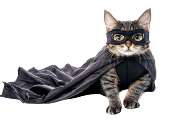 Adorable tabby cat dressed as a superhero with a mask and cape, isolated on a white background.
