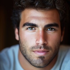 Obraz premium A young man with striking features gazes thoughtfully ahead in a warm, inviting atmosphere