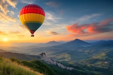 Beautiful green mountain with hot air balloon flying in the sky.