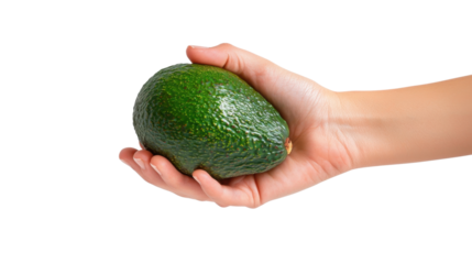 Close-up of a hand holding a ripe avocado, isolated on white background. Perfect for healthy eating and organic food concepts.