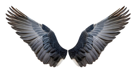 Obraz premium Close-up of detailed, spread, black and white bird wings isolated on white background, representing freedom and flight.
