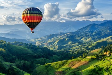 Naklejka premium Beautiful green mountain with hot air balloon flying in the sky.