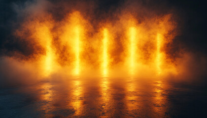 Naklejka premium A dark urban street with neon lights and spotlights illuminating an empty scene with a concrete floor and smoke floating up, perfect for urban lifestyle or cityscape themes.