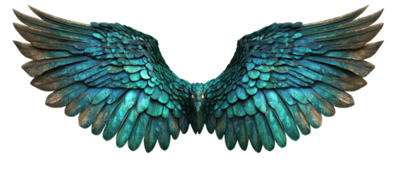 Detailed and vibrant turquoise angel wings with realistic feathers. Perfect for fantasy, spiritual, or celestial-themed projects and designs.