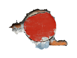 A circular area of red paint is chipped away on a textured wall, transparent