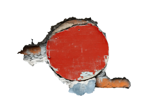 A circular area of red paint is chipped away on a textured wall, transparent