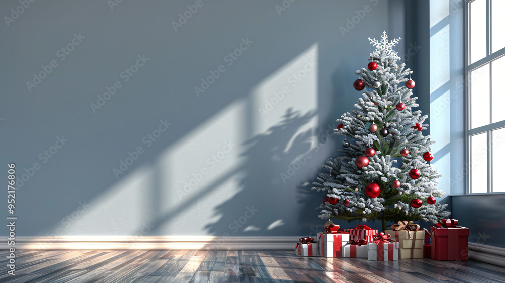 Aufkleber sunlit room with a christmas tree adorned with red and silver ornaments by the window