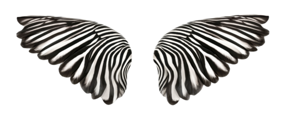 Digital illustration of black and white striped wings, resembling butterfly or angel wings, isolated on a transparent background.