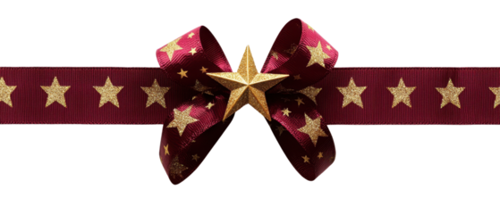 Elegant burgundy ribbon with golden star pattern bow, perfect for festive decorations, gift wrapping, and holiday celebrations.