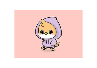 Cute Chibi Bird Character in Purple Hoodie Walking – Adorable Anthropomorphic Bird Vector Illustration with Big Eyes