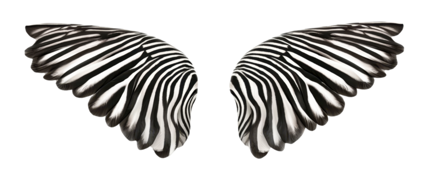 Digital illustration of black and white striped wings, resembling butterfly or angel wings, isolated on a transparent background.