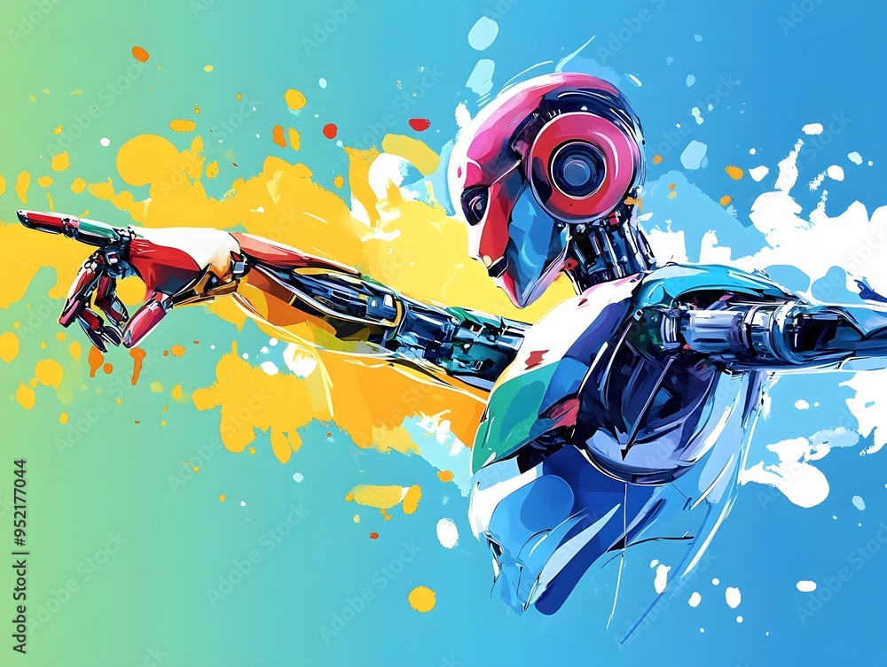 Poster futuristic robot pointing forward.