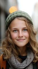 A cheerful woman stands outdoors with a green beanie, enjoying a lovely day in the city