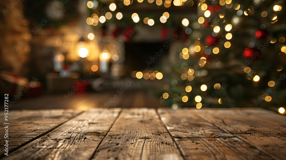 Poster festive christmas tree and fireplace in background on empty wooden tabletop, perfect for showcasing 