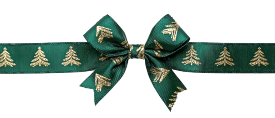 Elegant green Christmas ribbon with gold tree designs, perfect for holiday gift wrapping and festive decorations.