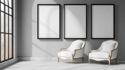 Elegant Minimalist Interior with Modern Chairs and Empty Frames for Art Display