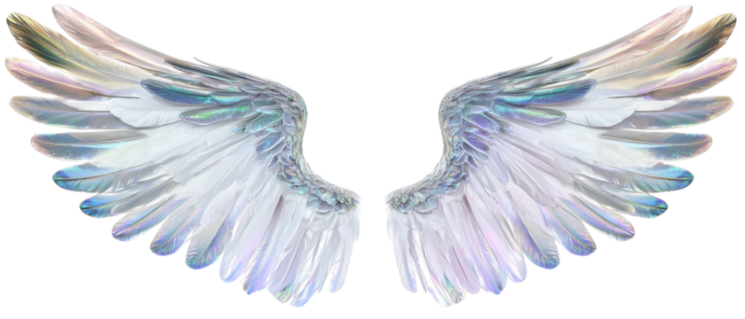 Elegant pair of light, iridescent angel wings with delicate feathers, symbolizing purity, hope, and divinity, perfect for fantasy themes.