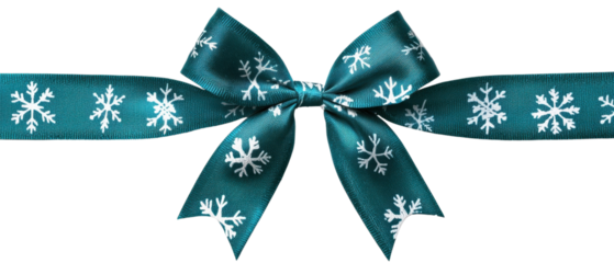 Elegant teal ribbon adorned with snowflakes, perfect for holiday decorations, gift wrapping, and festive celebrations. High-resolution image.
