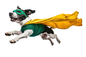 Energetic dog dressed as superhero with green mask and yellow cape, jumping while isolated on white background.