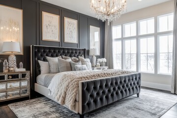 A luxurious bedroom featuring elegant decor and large windows.
