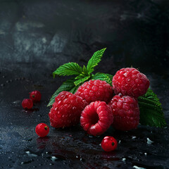 Fresh raspberries with leaves, water droplets on dark background, vibrant red berries, close-up...