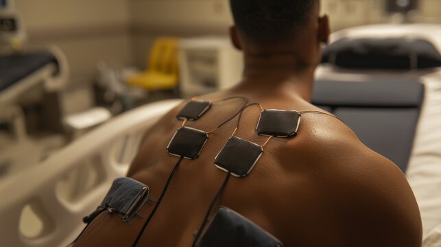 A close-up of a person's back,with black medical electrode pads attached to the skin