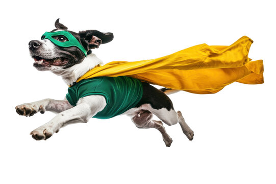 Energetic dog dressed as superhero with green mask and yellow cape, jumping while isolated on white background.