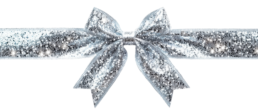 Elegant silver glitter ribbon with bow, perfect for festive decoration, gift wrapping, or holiday designs. Shiny and sparkling decorative element.