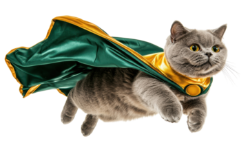 Gray cat dressed as a superhero with a green and yellow cape, flying in the air, isolated on white background. Fun and whimsical pet photo.