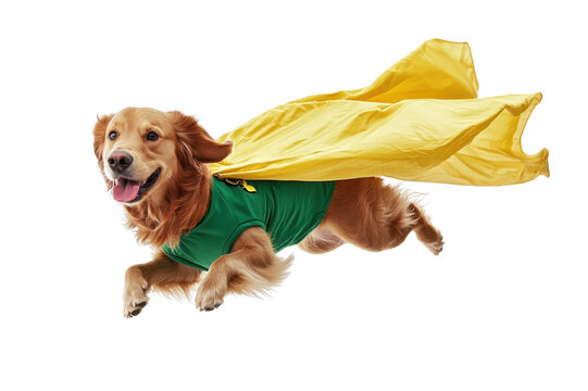 Golden retriever dressed as a superhero with a yellow cape and green outfit, mid-air, showcasing energy, playfulness, and fun.