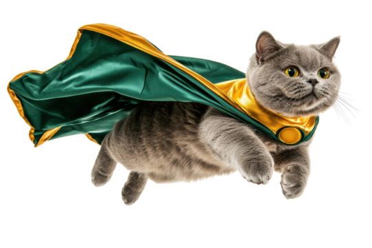 Gray cat dressed as a superhero with a green and yellow cape, flying in the air, isolated on white background. Fun and whimsical pet photo.