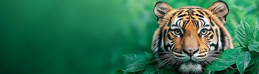 Fototapeta premium A majestic tiger peers through lush green foliage, showcasing its striking features and vibrant colors in a serene natural setting.