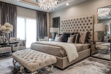 A luxurious bedroom featuring elegant decor, plush bedding, and stylish furnishings.
