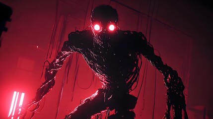 Ominous Robot Looming in the Shadows of a Dystopian Urban Landscape