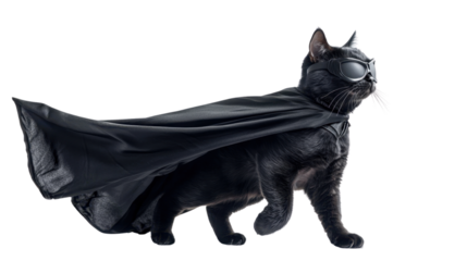 Playful black cat wearing a superhero cape and mask, isolated on a white background, striking a confident pose.