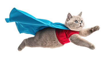 Playful cat dressed as a superhero flying through the air with a blue cape and red outfit, isolated on white background.