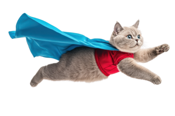 Playful cat dressed as a superhero flying through the air with a blue cape and red outfit, isolated on white background.