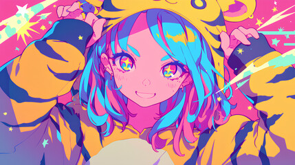 cute tiger character wearing anime onesie costume, anime style, cute kawaii, simple, smiling happy. neon psychedelic background