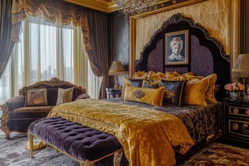 A luxurious bedroom featuring ornate decor, rich fabrics, and elegant furnishings.