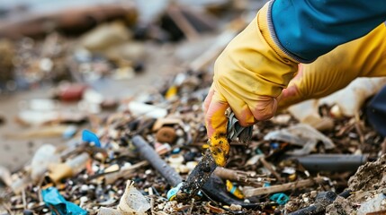 Obraz premium Close-up view of gloved hands meticulously sorting waste for recycling.sustainability, green, eco-friendly, protect, save, International Cleanup Day