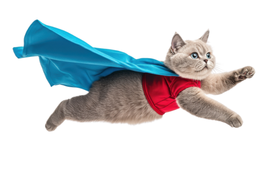Playful cat dressed as a superhero flying through the air with a blue cape and red outfit, isolated on white background.