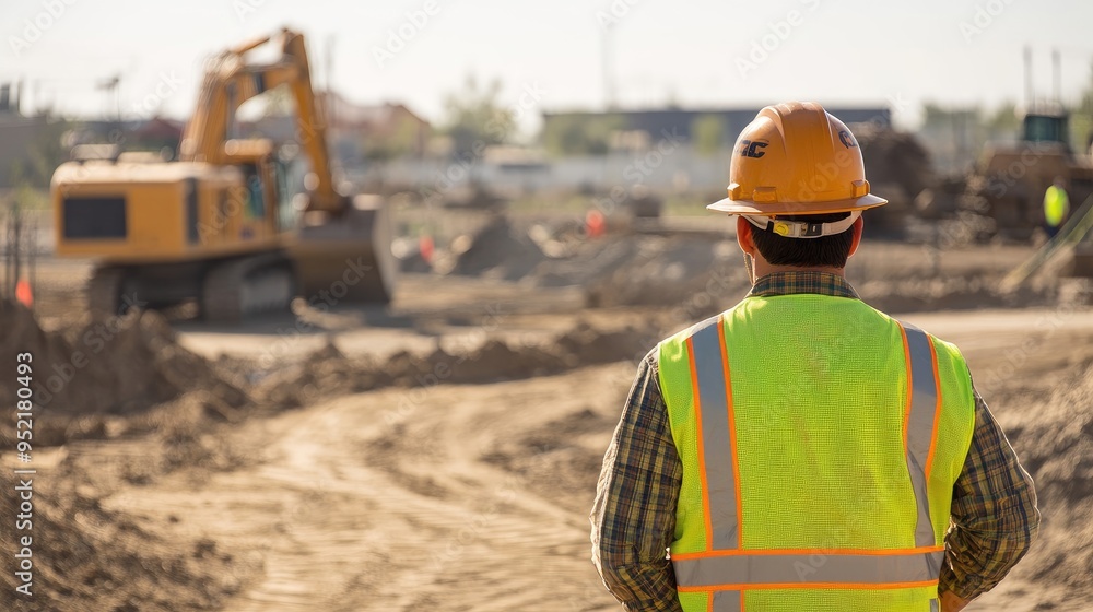 Poster project management in action as a construction engineer monitors the use of heavy machinery on-site,