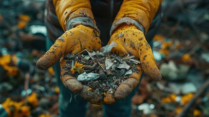 Close-up view of gloved hands meticulously sorting waste for recycling.sustainability, green, eco-friendly, protect, save, International Cleanup Day